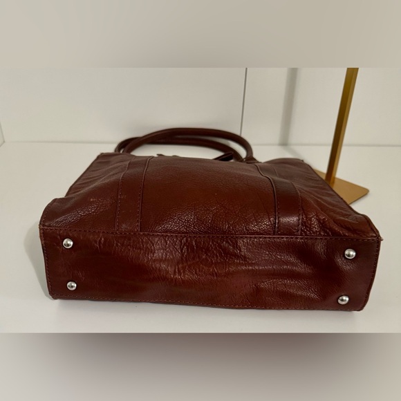 Margot Brown Genuine Leather Tote Shoulder Bag W Bow Travel Stamp Pattern Inside - Picture 5 of 10